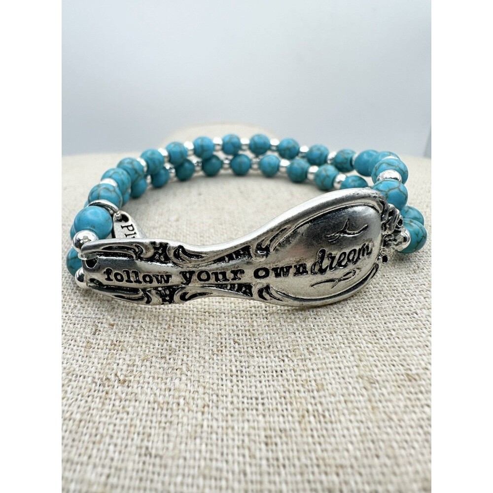 Plunder Silver Tone Spoon Handle Blue Bead Follow Your Dream Stretch Bracelet